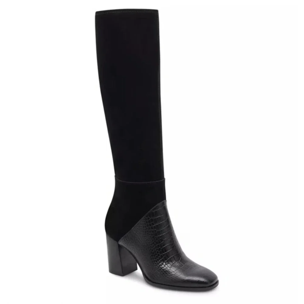 Dolce Vita Fynn Black Suede Crocodile Embossed Leather‎ Heeled Tall Boot Size 6